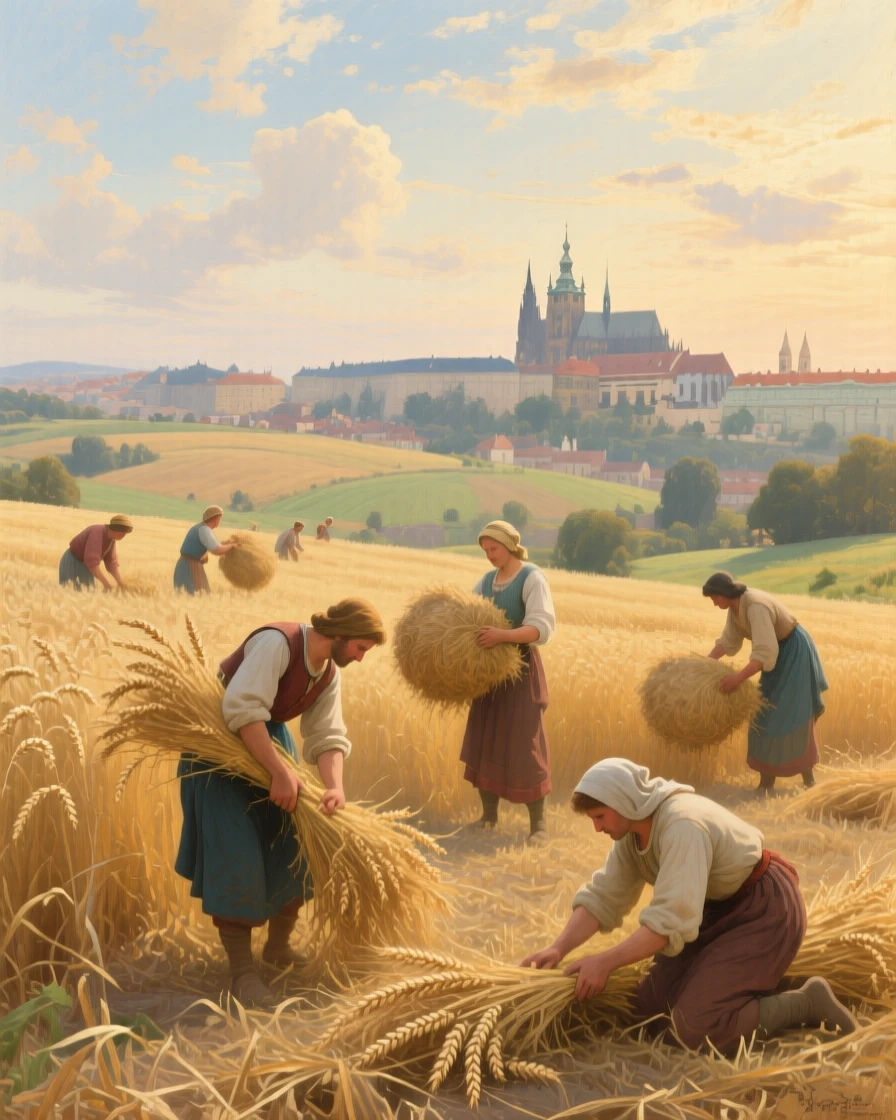 A panoramic view of farmers gathering golden wheat sheaves under a late summer sky, in old Prague, in antiquity.
