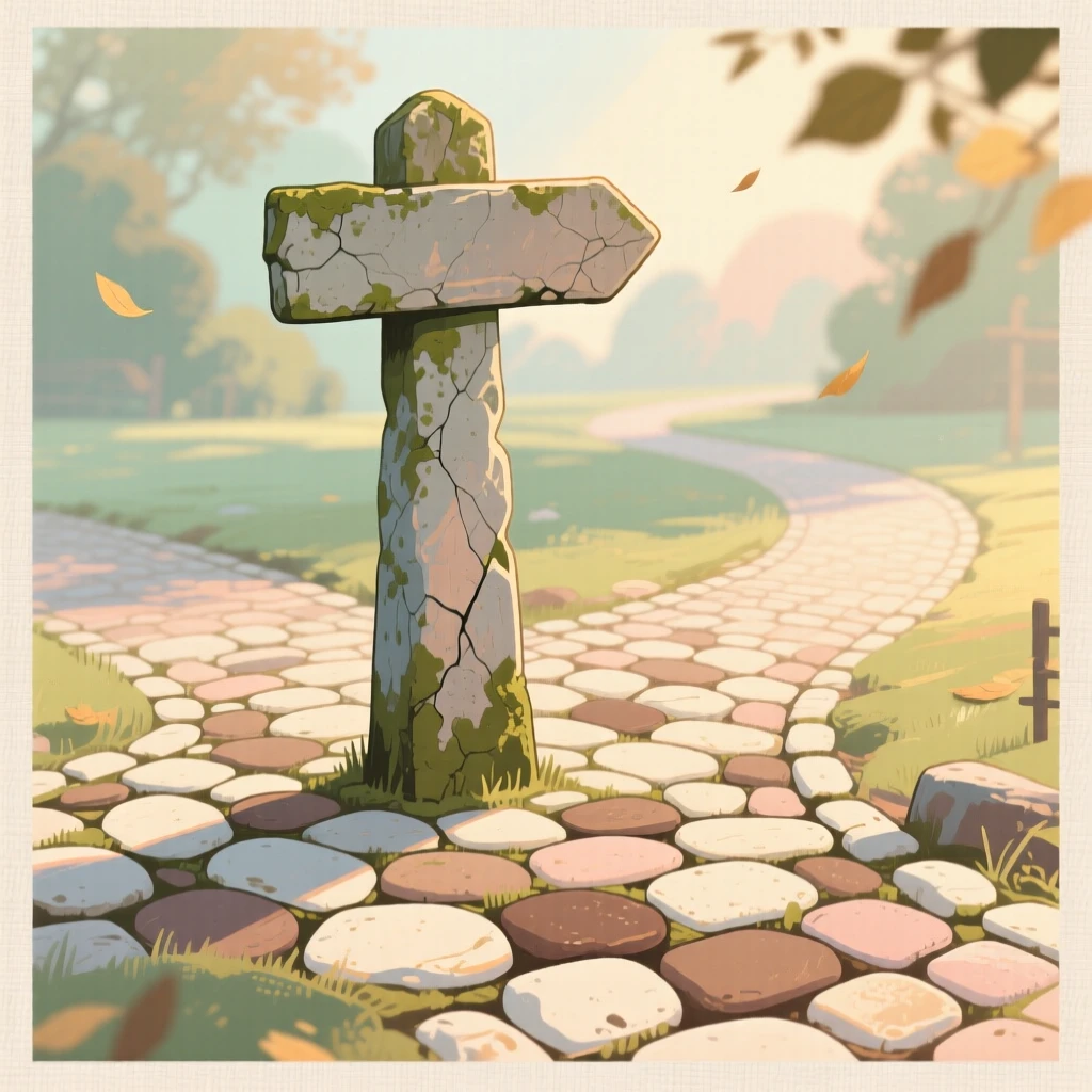 A cobblestone crossroads marked by an ancient stone signpost