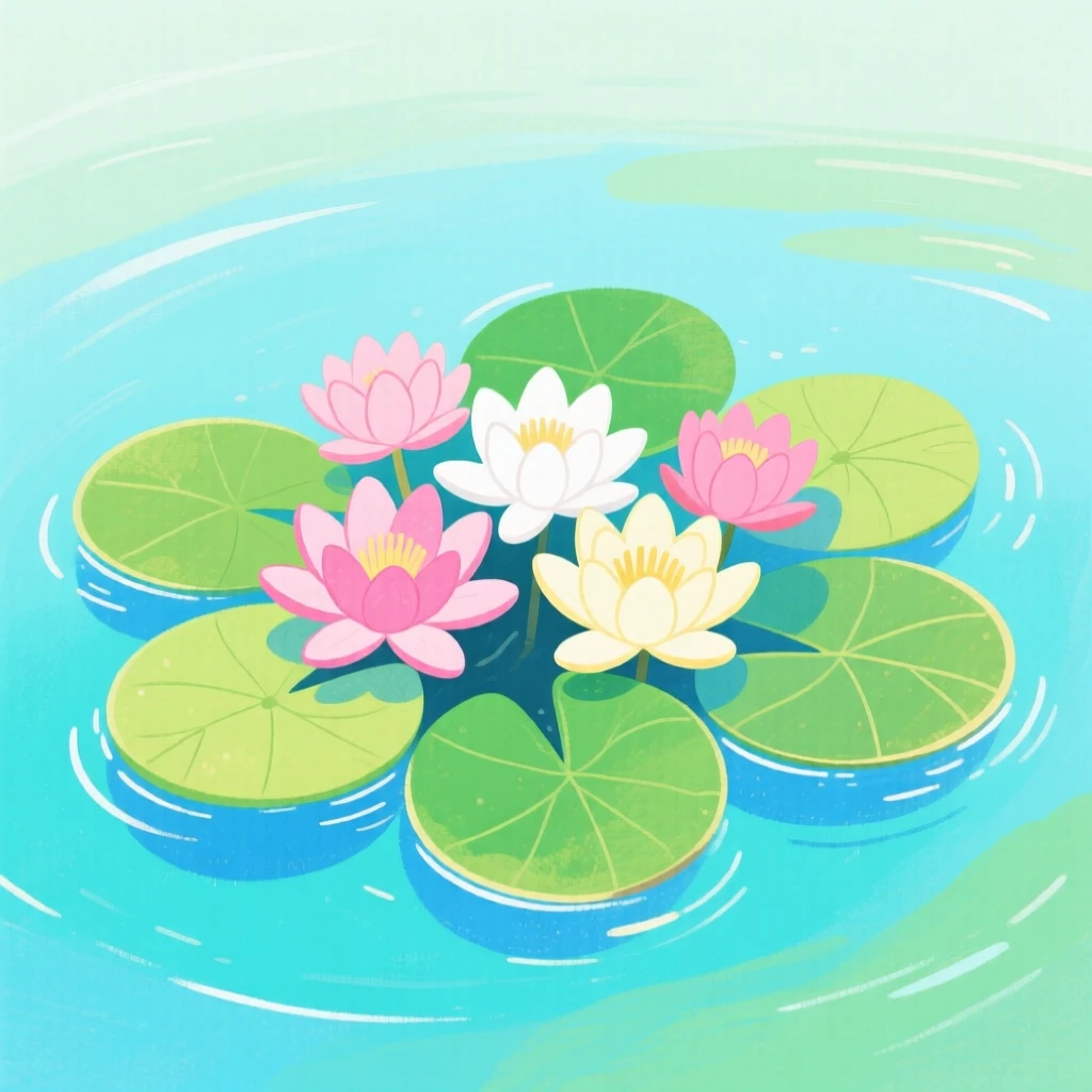 A cluster of water lilies floating on a pond, vivid and full of life.