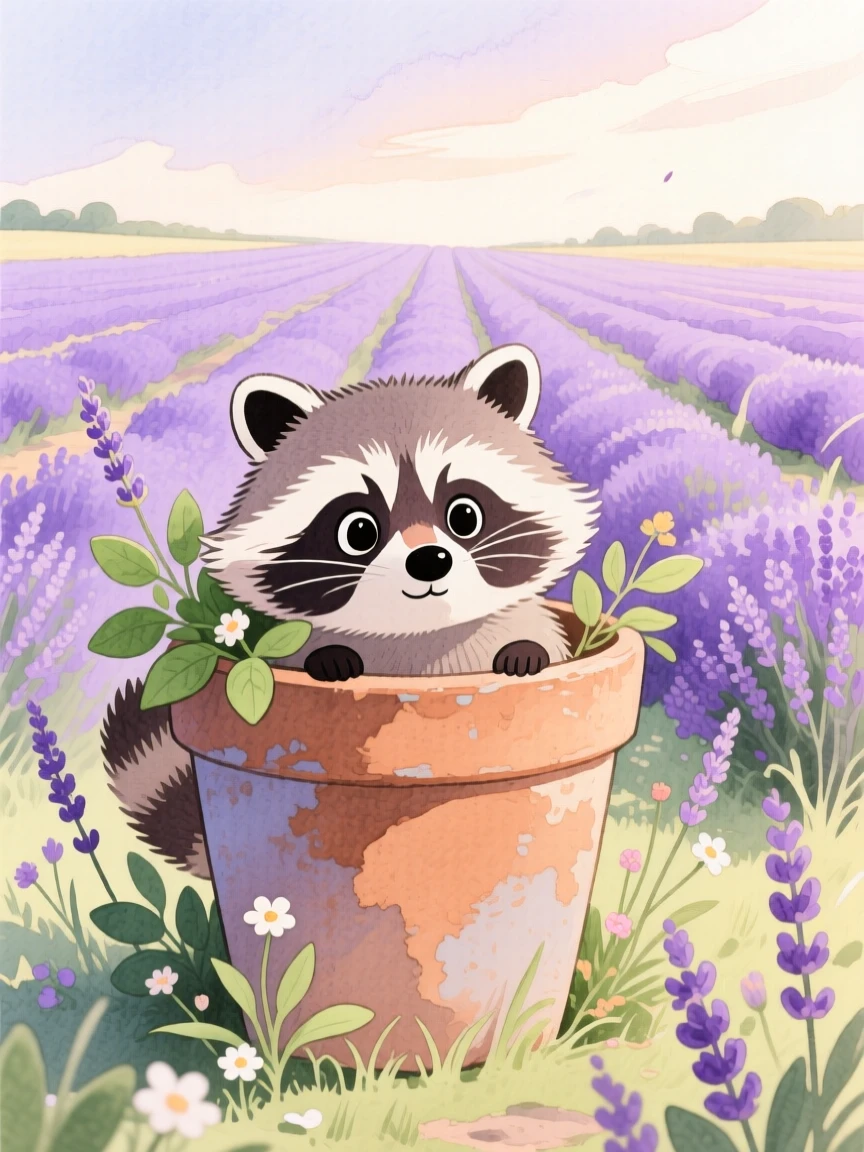A shy raccoon peeking out from behind a flower pot, set in a lavender field stretching to the horizon, brimming with cozy comfort.
