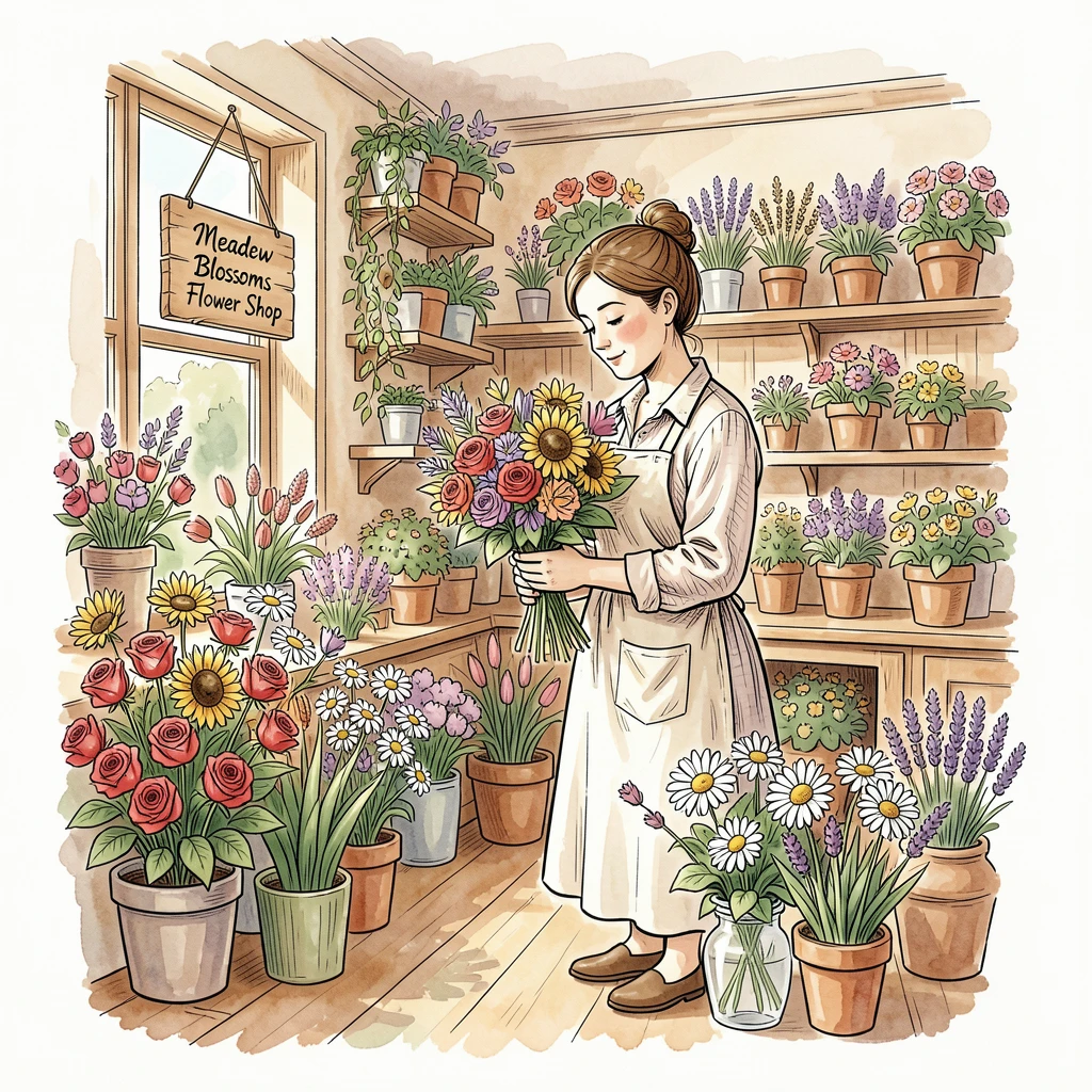 A woman arranging fresh flowers at a small countryside flower shop, soft natural light framing the scene with quiet warmth.