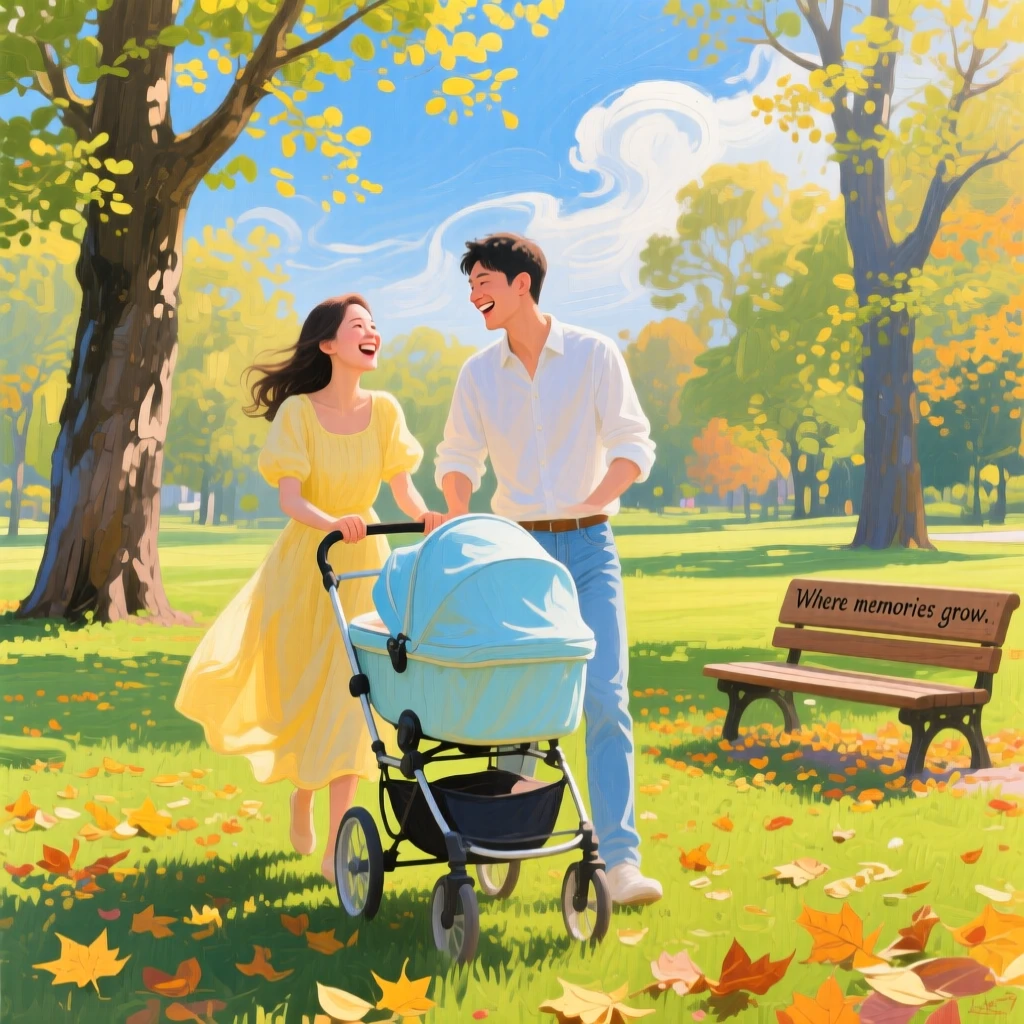 Parents pushing a stroller through a sunlit park, laughter shared over a simple, joyful moment, in a park scattered with fallen autumn leaves, on a bright, cheerful spring morning.