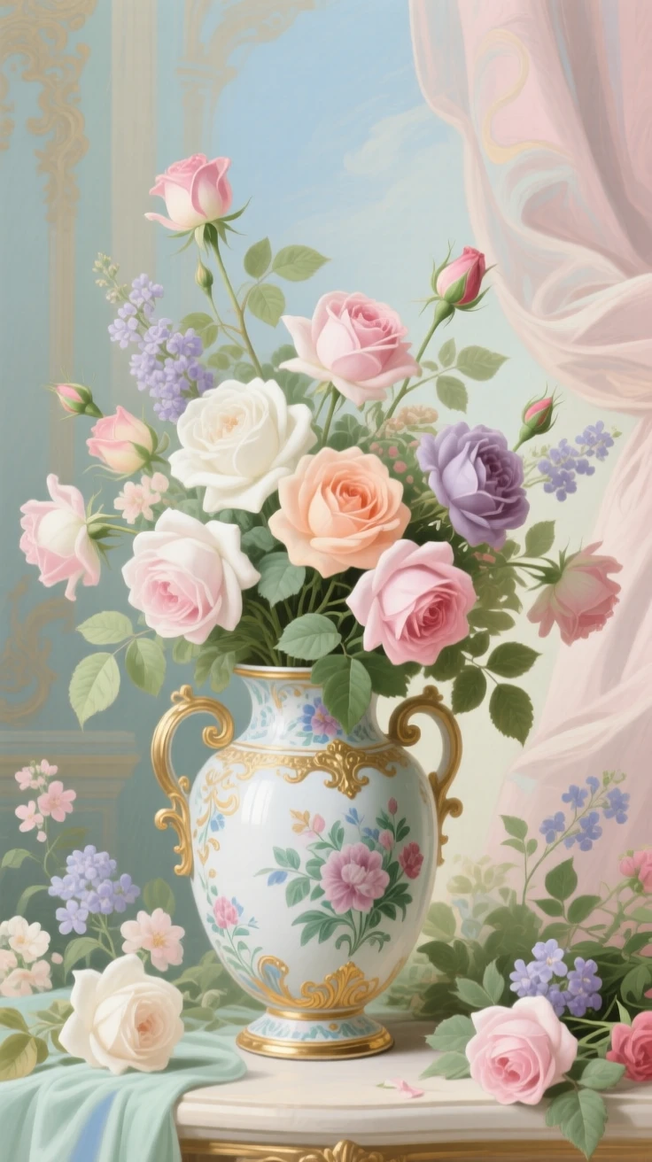 A bouquet of garden roses spilling from an ornate porcelain vase  