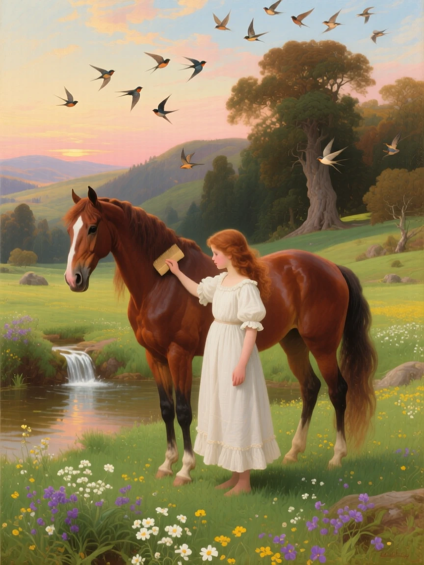 A young girl brushes her horse beside a spring pasture full of new grass while birds scatter before them.