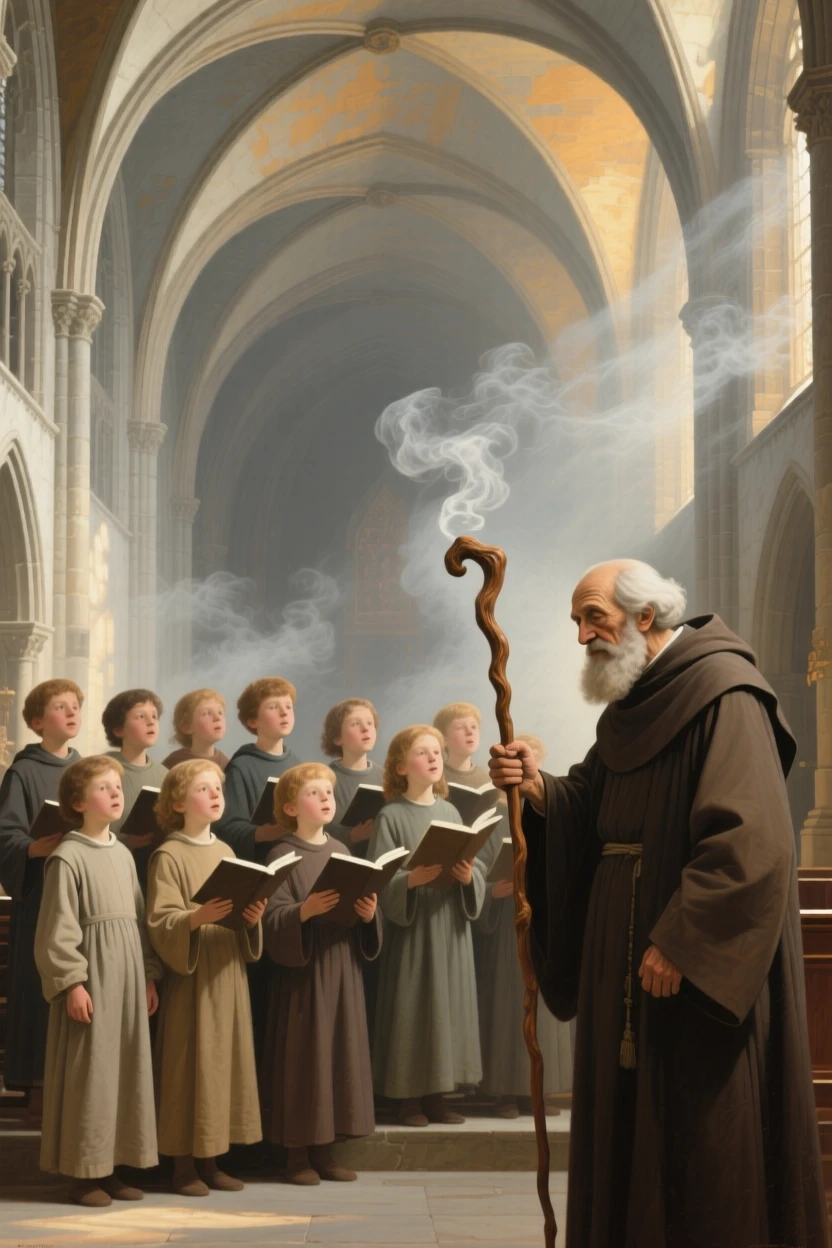 A choir of children singing beneath a vaulted cathedral ceiling in an instant of grace touching the ordinary world, set within a sunlit chapel filled with drifting incense smoke, with modest robes, a well-worn staff, and a face lined with quiet devotion; quiet, uncluttered space allows the emotional core room to breathe, radiating compassion, faith, and gentle hope.