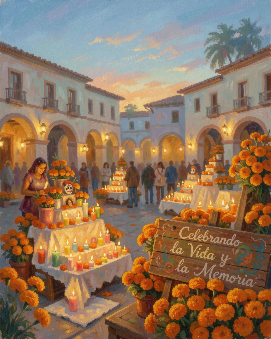 A vibrant Dia de los Muertos celebration in a Mexican plaza, marigolds and candlelit altars glowing at dusk, radiating joy and gentle celebration.