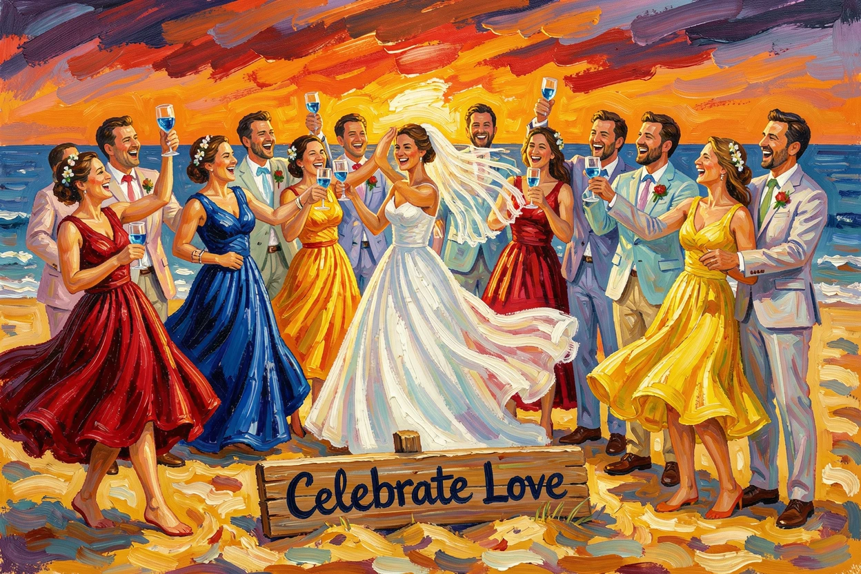 A wedding party celebrating on a beach at sunset, dresses and laughter caught mid-motion.