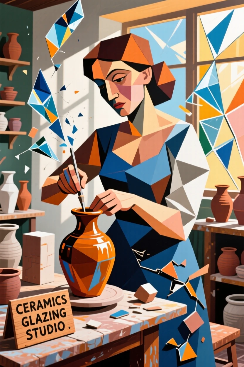 A woman practicing pottery glazing techniques in a sunlit ceramics studio.