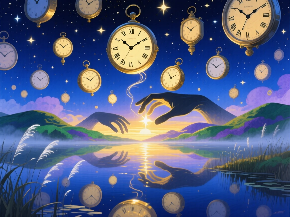 A sky filled with clocks instead of stars, all ticking softly reflects perfectly in the calm waters of a hidden lake, as a soft golden light spills over distant sleeping hills.