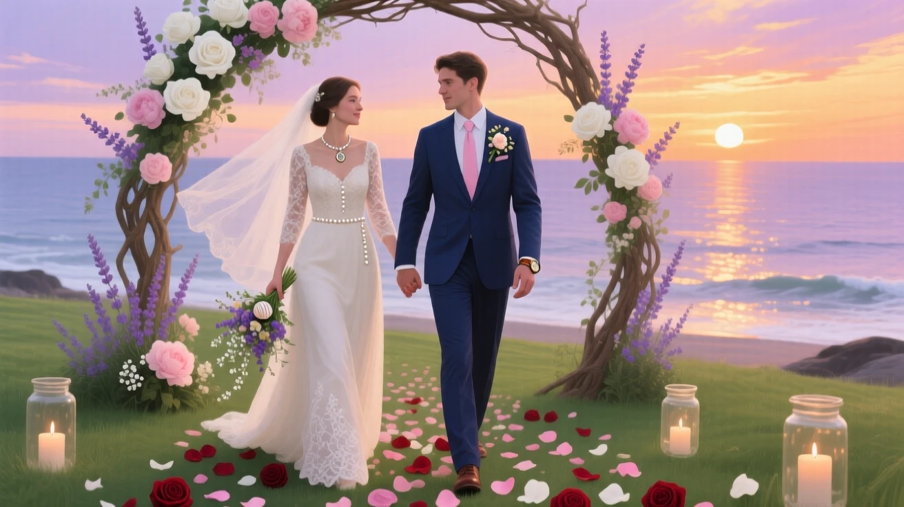 A bride and groom walk hand in hand down a rose-petal-strewn aisle beneath a floral arch overlooking the ocean at sunset, small personal details in their clothing and surroundings hinting at their story.
