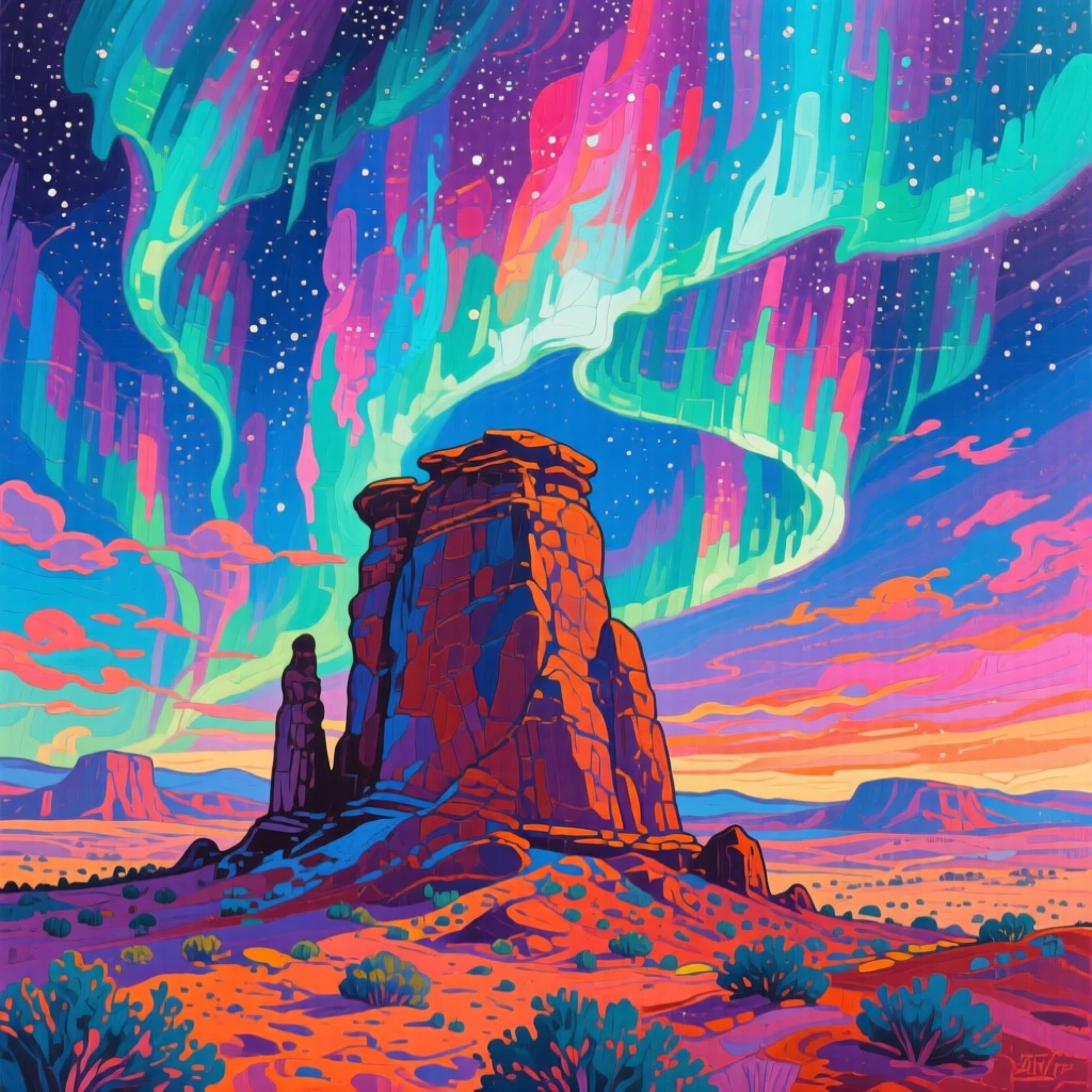 a desert rock formation standing beneath a sky ablaze with the aurora borealis