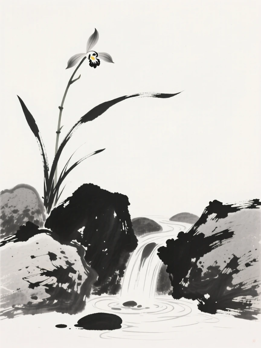A single orchid stem rises from a cluster of smooth stones, beside a small trickling mountain spring.