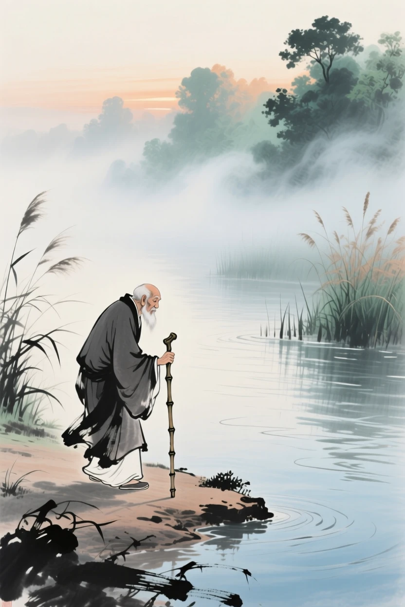 An old man walking with a bamboo staff along a misty riverbank, through swirling morning fog, suffused with quiet joy.