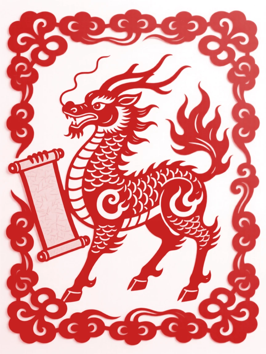 A qilin bearing a scroll, bordered by a repeating cloud pattern, representing harmony between heaven and earth.