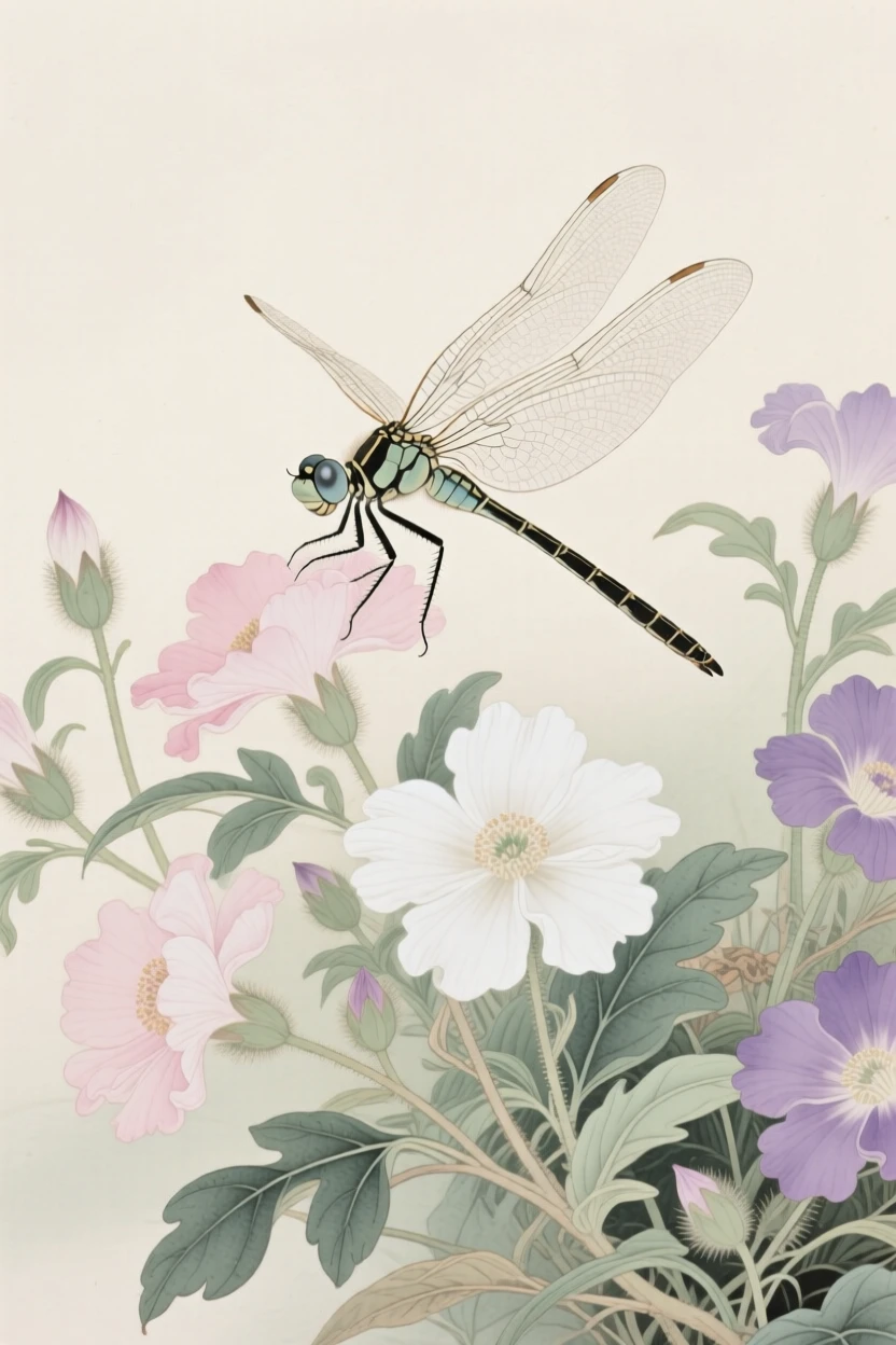 A dragonfly with translucent wings among a cluster of wildflowers at midday