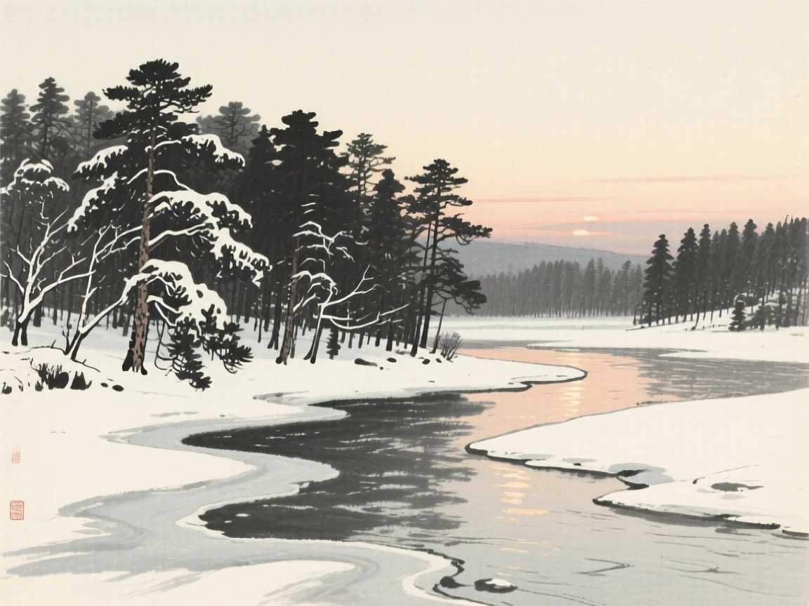 A snow-dusted pine forest along a frozen riverbank with the last light of dusk catching the water's surface, composed with wide open space above to emphasize the scale of the sky, capturing a fleeting, serene moment suspended in time.