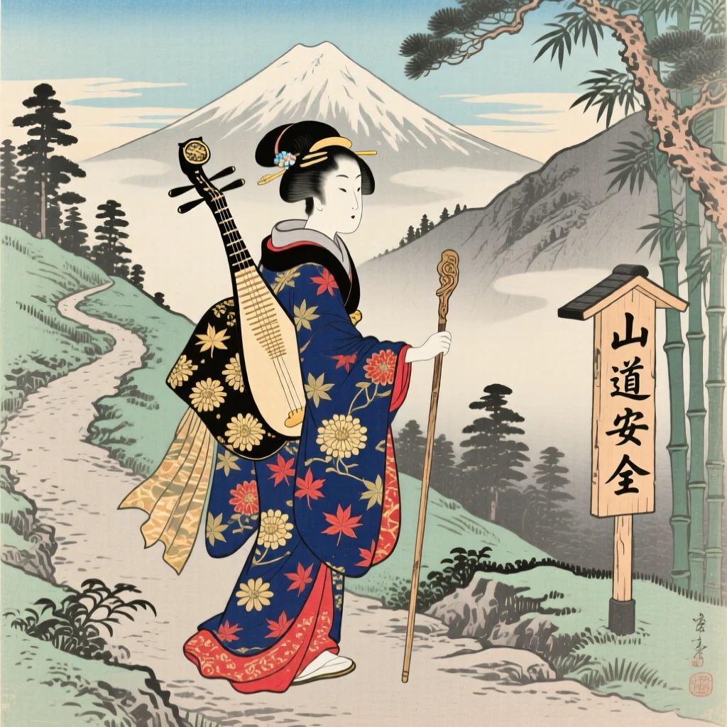 A noblewoman with a koto walking a mountain path with a wooden staff.