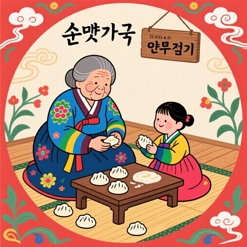 A grandmother teaching her granddaughter to fold dumplings.