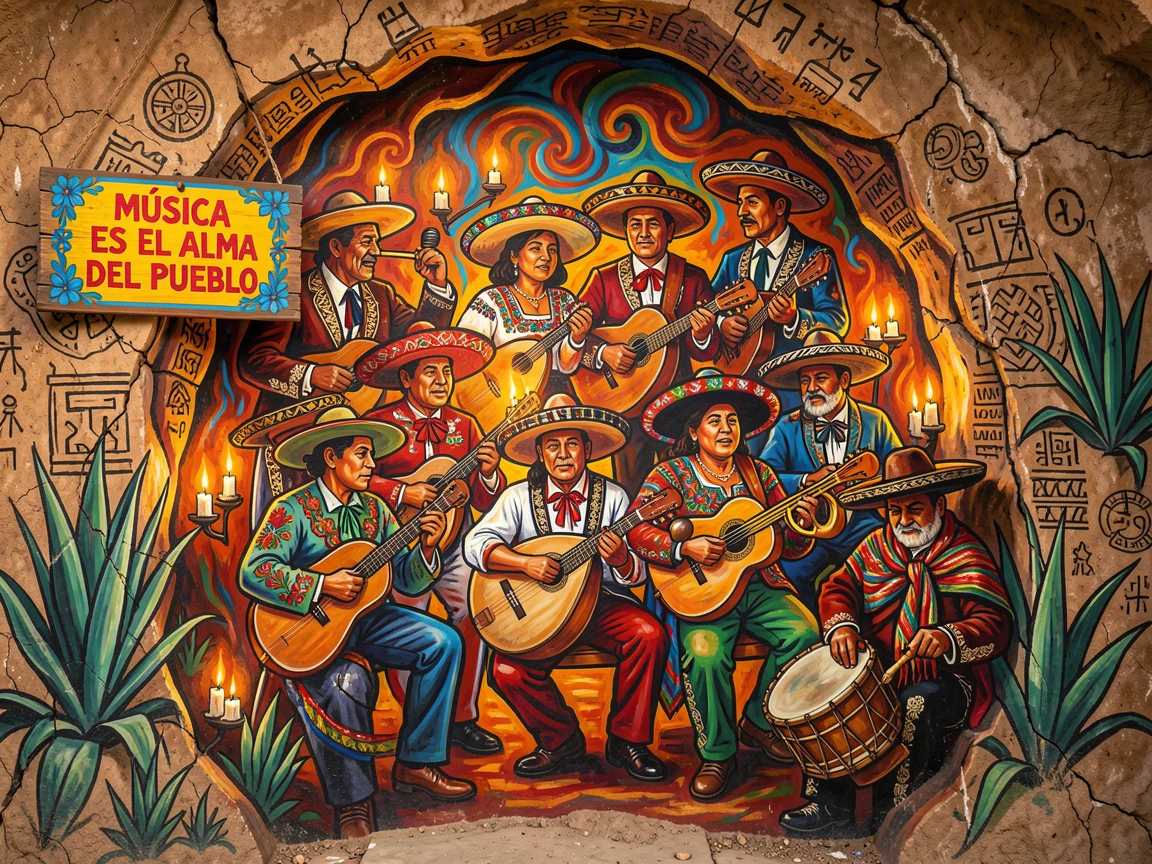A group of musicians performing in a candlelit cave