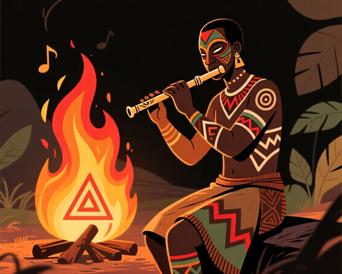 A lone flutist gathered around a blazing bonfire.
