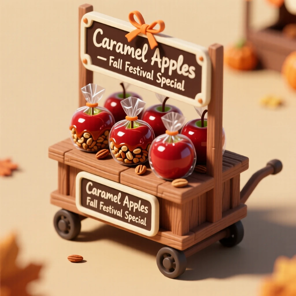 A charming caramel apple stand at a fall festival, apples dipped and rolled in nuts, wrapped carefully in cellophane on display.