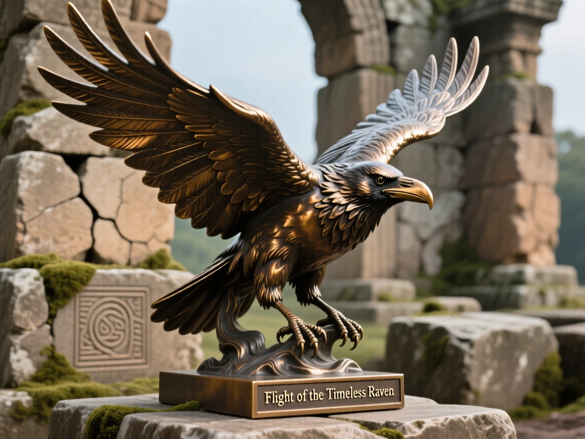 A raven taking flight from an ancient ruin, with fine, lifelike detail in fur and feather, evoking wonder and majesty