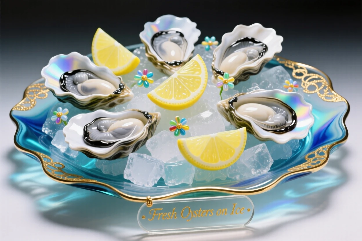 A platter of fresh oysters on ice with lemon wedges, elegant and refreshing.