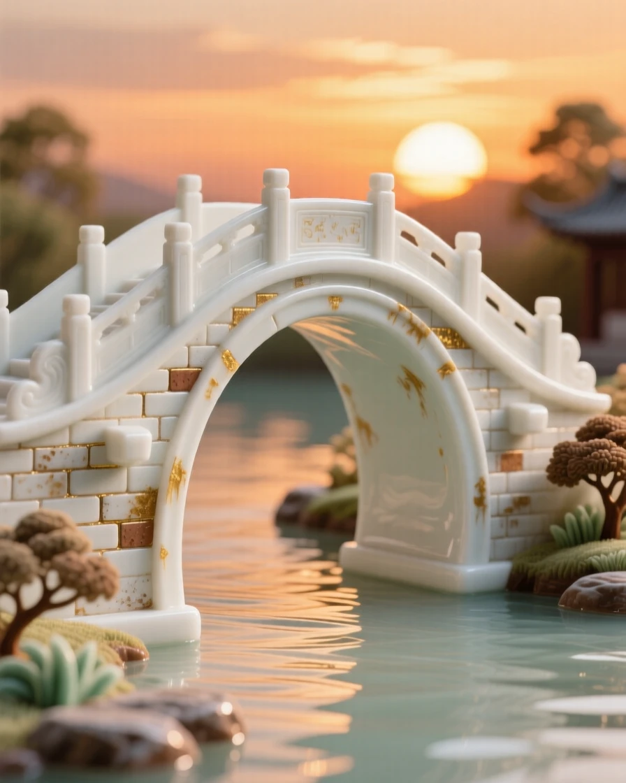 A grand view of an ancient stone bridge, glowing warmly at sunset.