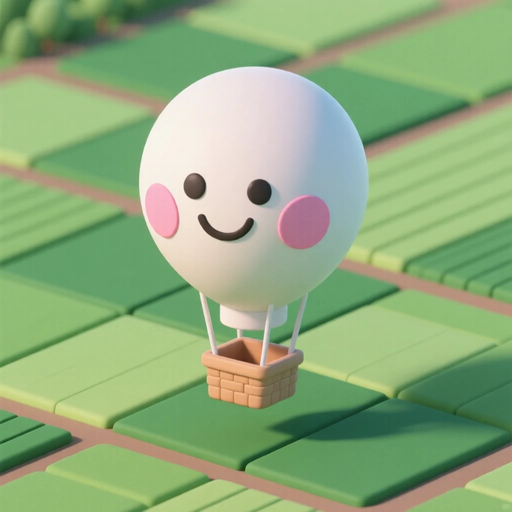 A happy hot air balloon with a rosy cheek pattern drifts peacefully over a patchwork of green farmland.