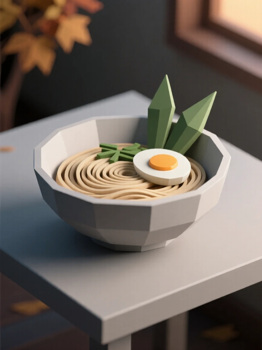 A bowl of ramen with soft-boiled egg and greens, on a warm autumn evening table setting. a shallow depth of field keeps focus on the food. There is an inviting, homey atmosphere.