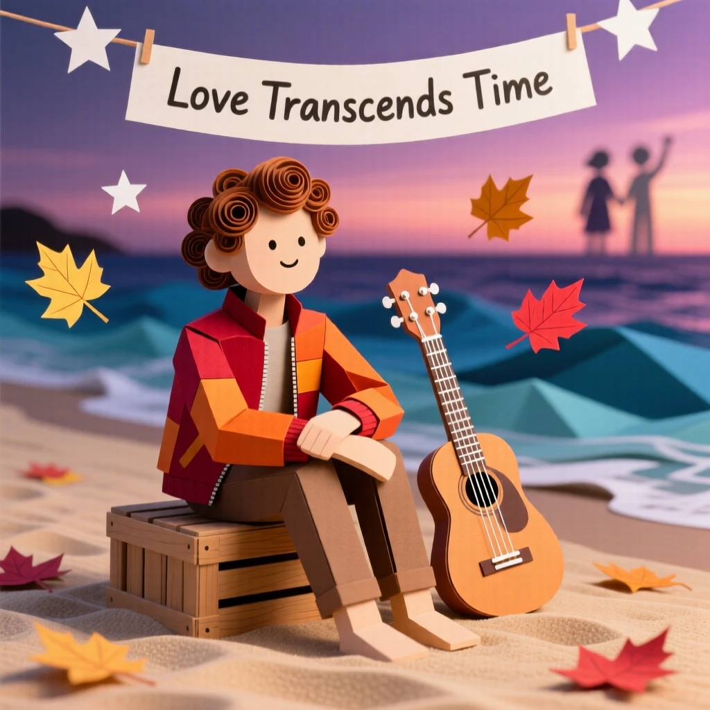 A street performer relaxing on a sandy beach at dusk, with autumn leaves drifting past, evoking love across generations.