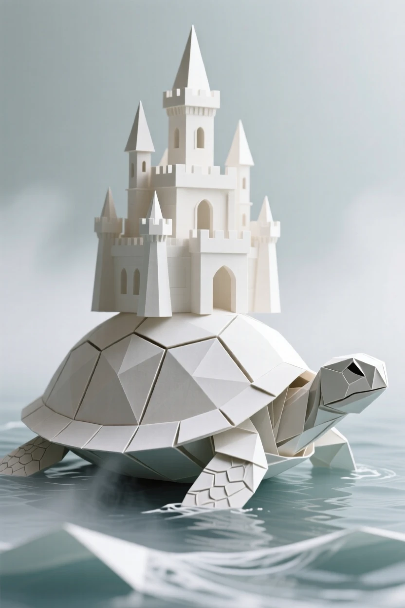A castle built entirely atop a giant turtle's shell, slowly wading through a misty sea.