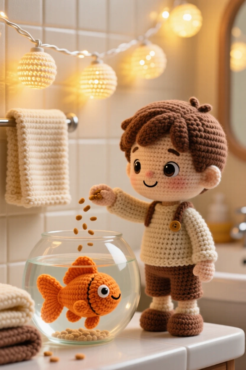 a small boy feeding a goldfish, standing on tiptoe by the bowl, is shown sprinkling a pinch of fish food within a warm bathroom with towels folded neatly beside a string of soft fairy lights along the wall, capturing warm familial love and simple comfort.