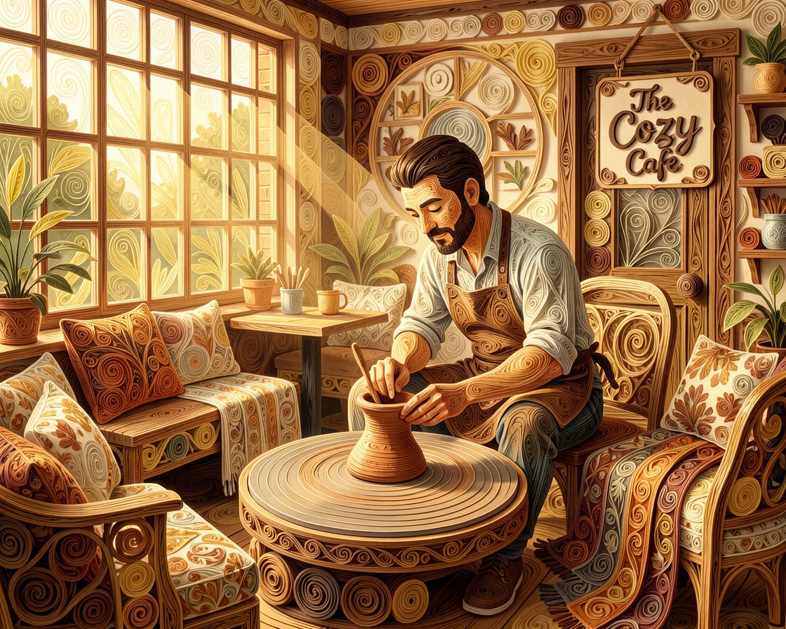 A relaxed modern lifestyle scene of a potter shaping clay on a spinning wheel in a cozy neighborhood café, with soft golden afternoon light throughout, arranged with cozy layered textures throughout.