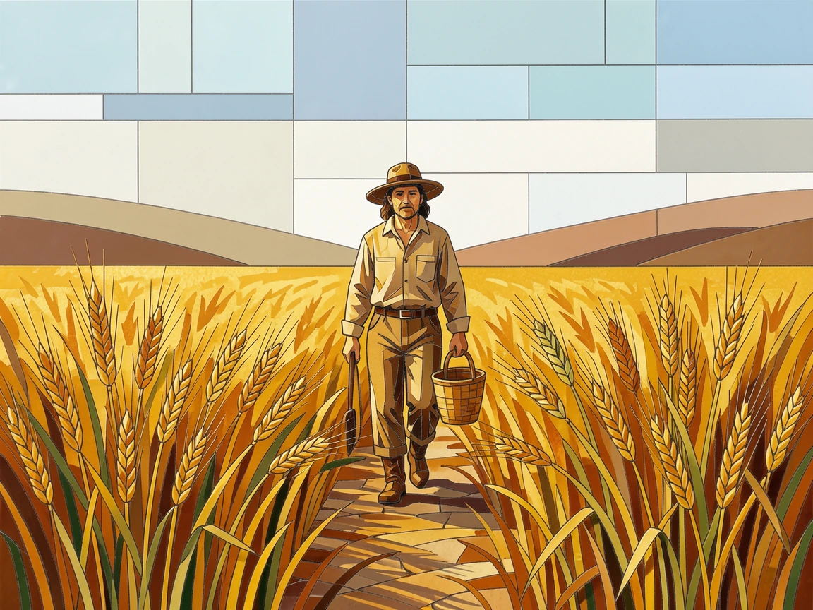 A farmer walking through golden wheat fields at harvest time.