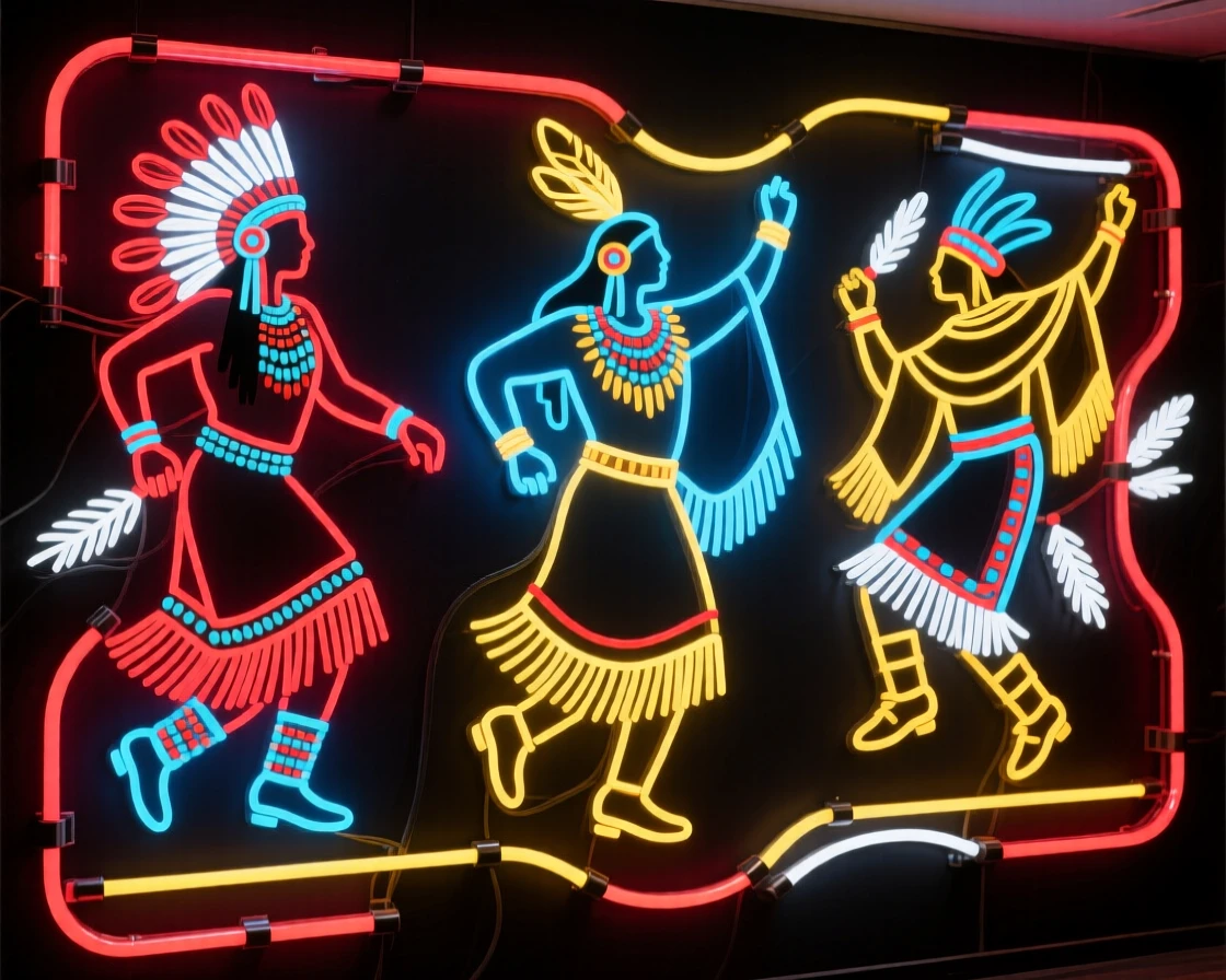 A Native American powwow with dancers in elaborate regalia.