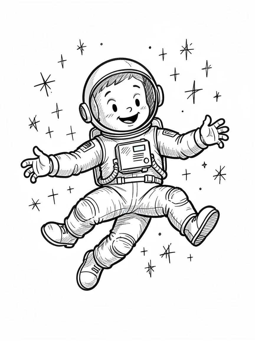 An astronaut floating and doing a somersault in zero gravity surrounded by twinkling distant stars.