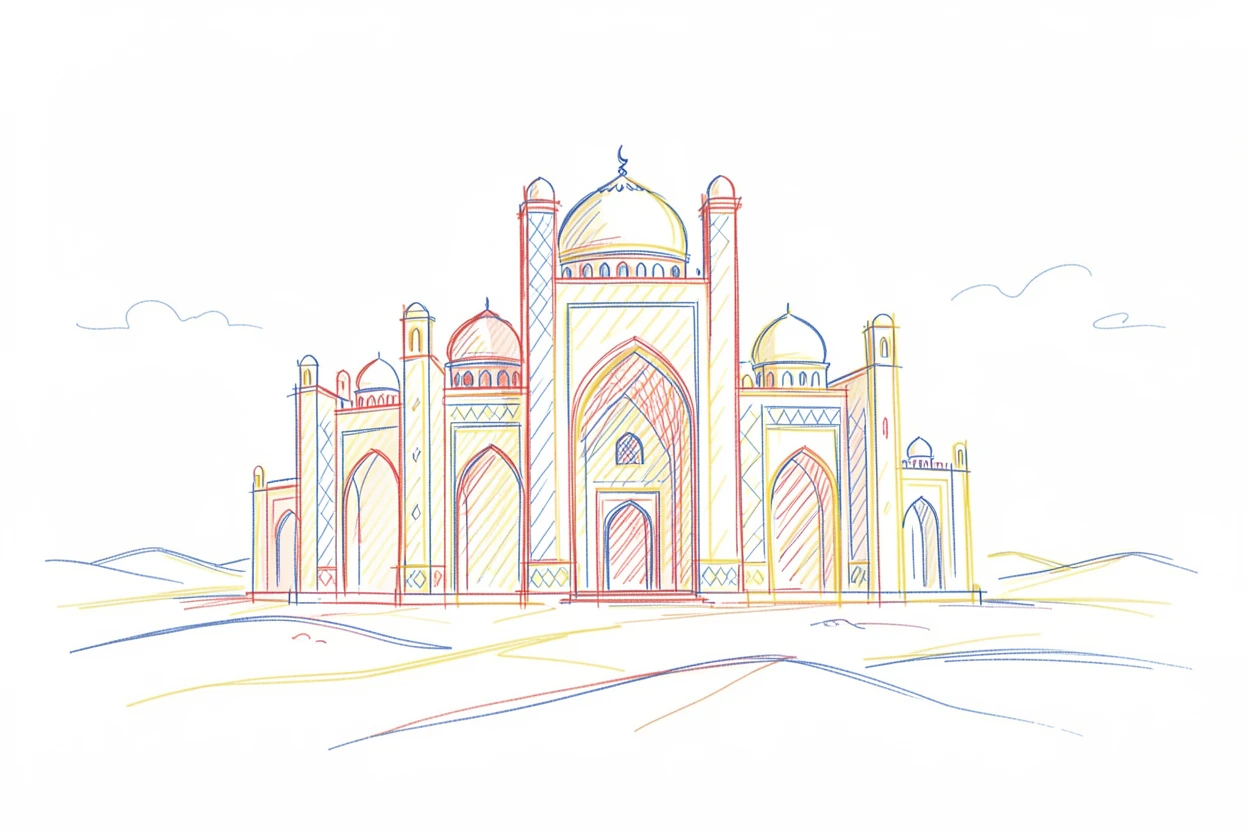A grand desert palace shimmering with intricate mosaic tile work