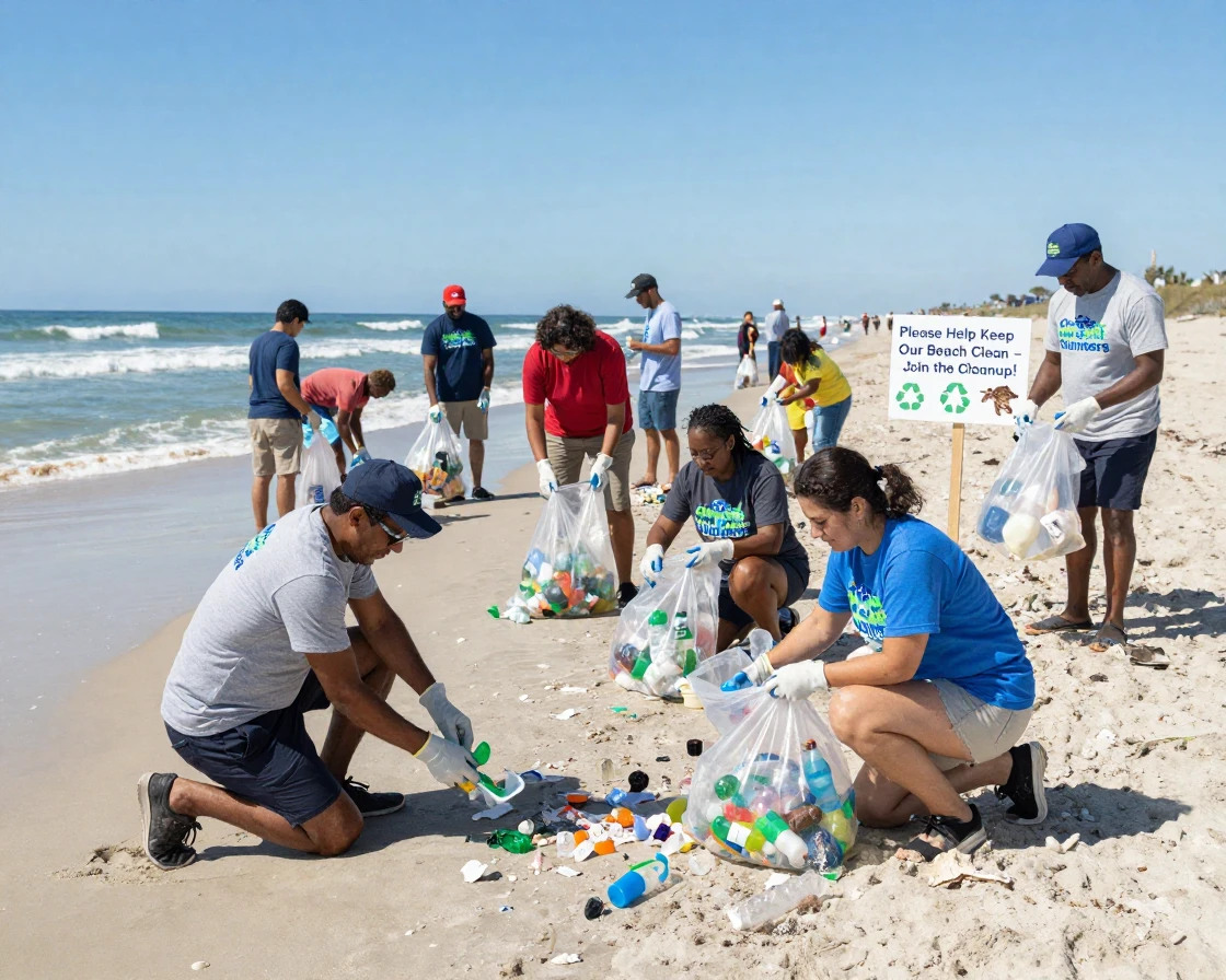 A beach cleanup with volunteers collecting plastic waste