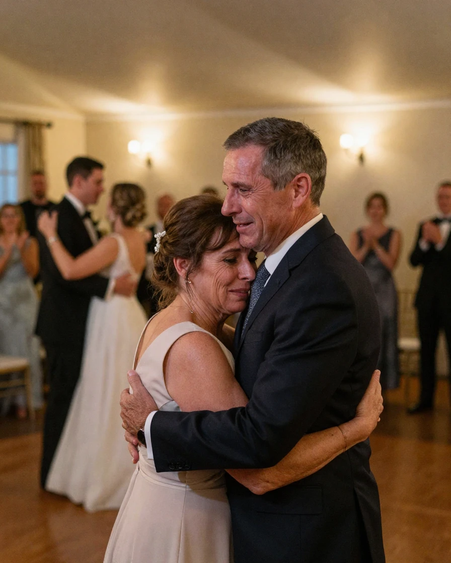 A newlywed couple's parents embrace tearfully at the edge of the dance floor during the first dance.