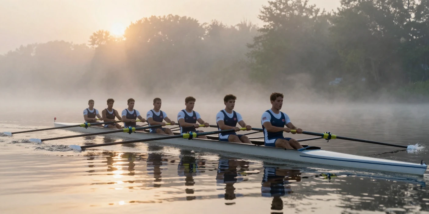 A rowing team gliding across a misty lake at sunrise