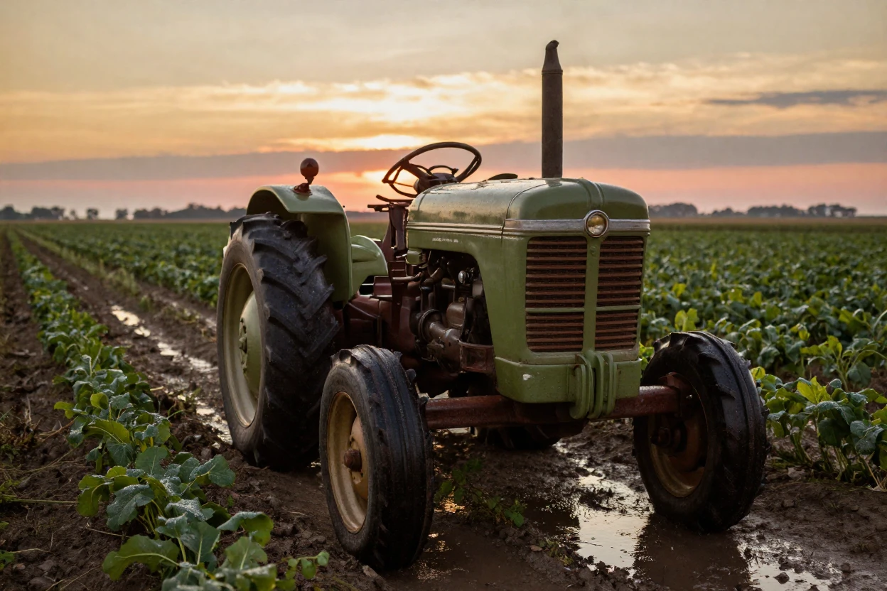 A tractor rolling slowly through rows of ripening crops, under a glowing sunset sky, just after a rain shower, with puddles reflecting the sky, during the long days of summer, with muted olive and rust colors, in a tight close-up.