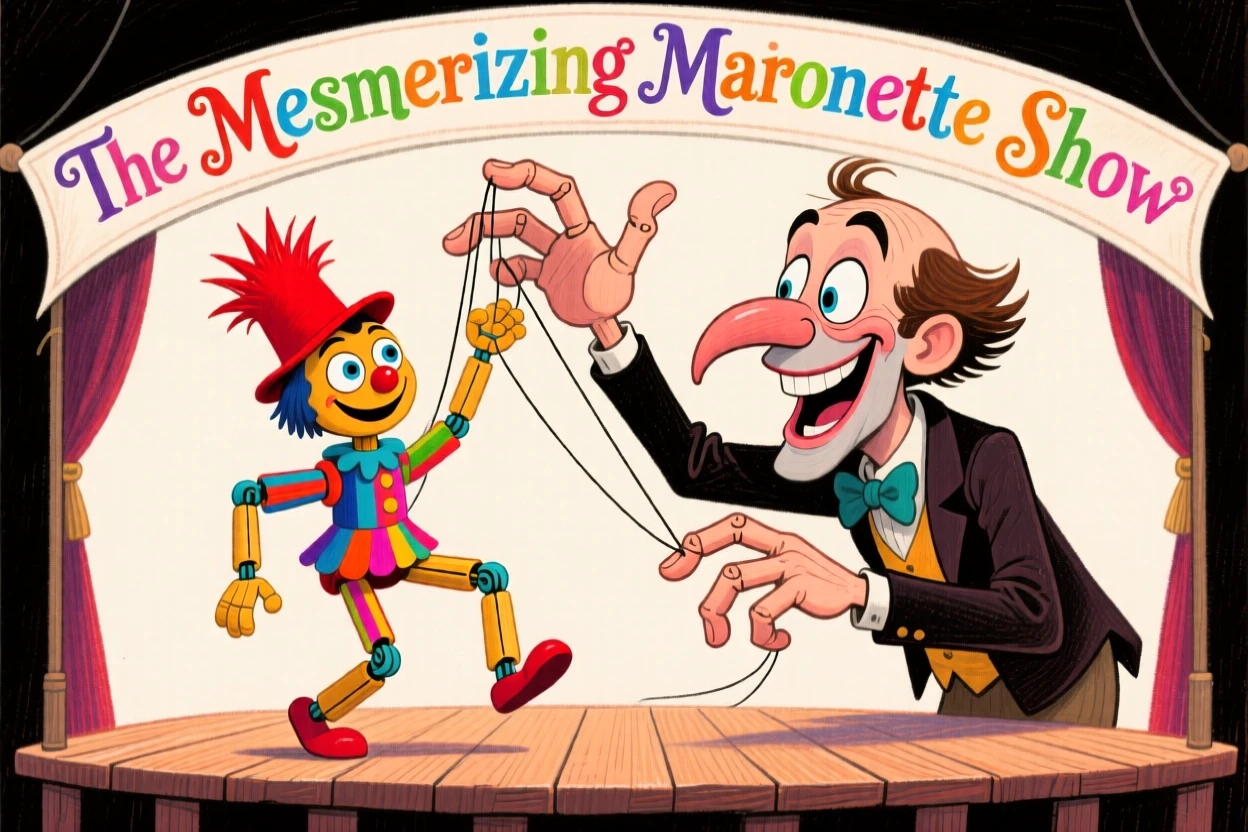 A puppeteer bringing a colorful marionette to life on a small stage.