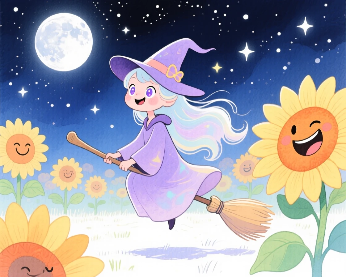 A moonlit sorceress riding through a field of giant sunflowers under starlight