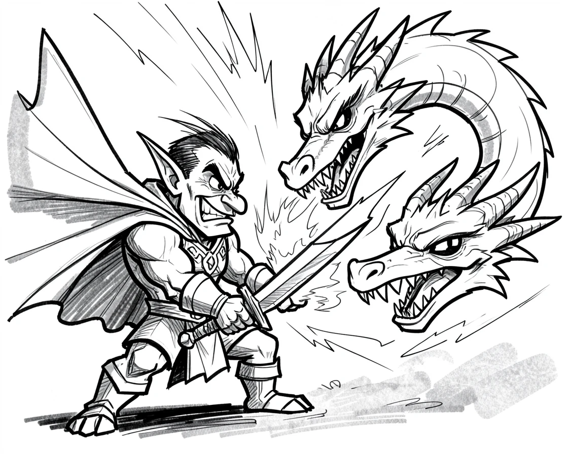 [Fantasy & Imaginative Scenarios] Imaginative fantasy scene of a mighty warrior battling a fearsome three-headed dragon, brimming with wonder