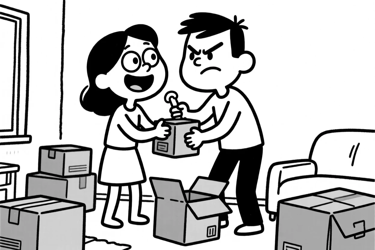 A couple decorating their first apartment together, boxes still half-unpacked.