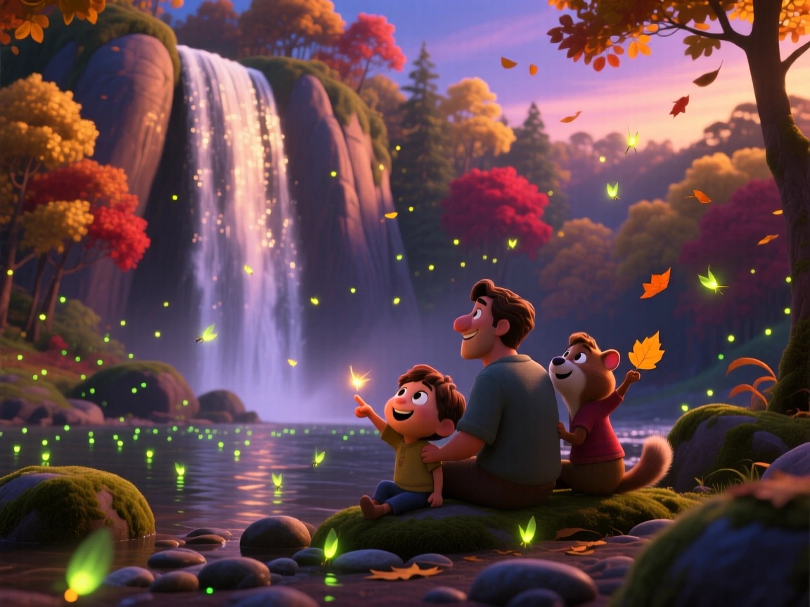 A towering waterfall glows as fireflies begin to flicker in the twilight, with fallen leaves drifting slowly on the breeze. A calming stillness settles over the landscape.