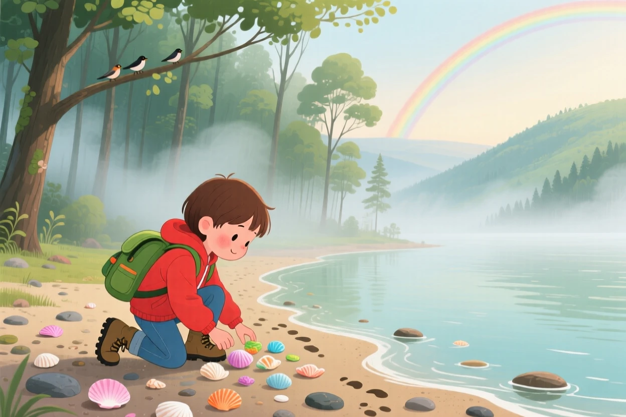 In a foggy morning woodland, a young explorer with a backpack is searching for shells along a quiet shoreline, while a rainbow arches faintly over the valley.