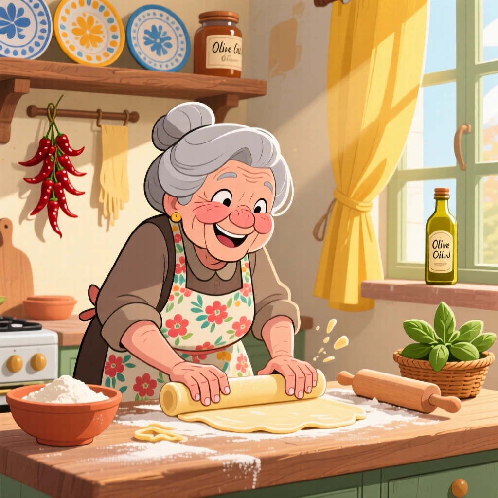 A grandmother in Italy rolling fresh pasta by hand in a sunlit kitchen.