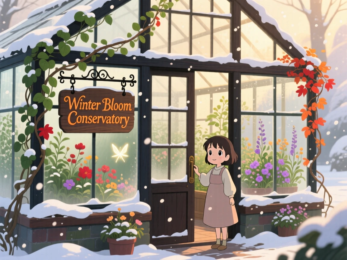 A charming view of a greenhouse conservatory filled with glass panes and climbing vines, dusted lightly with fresh snow.